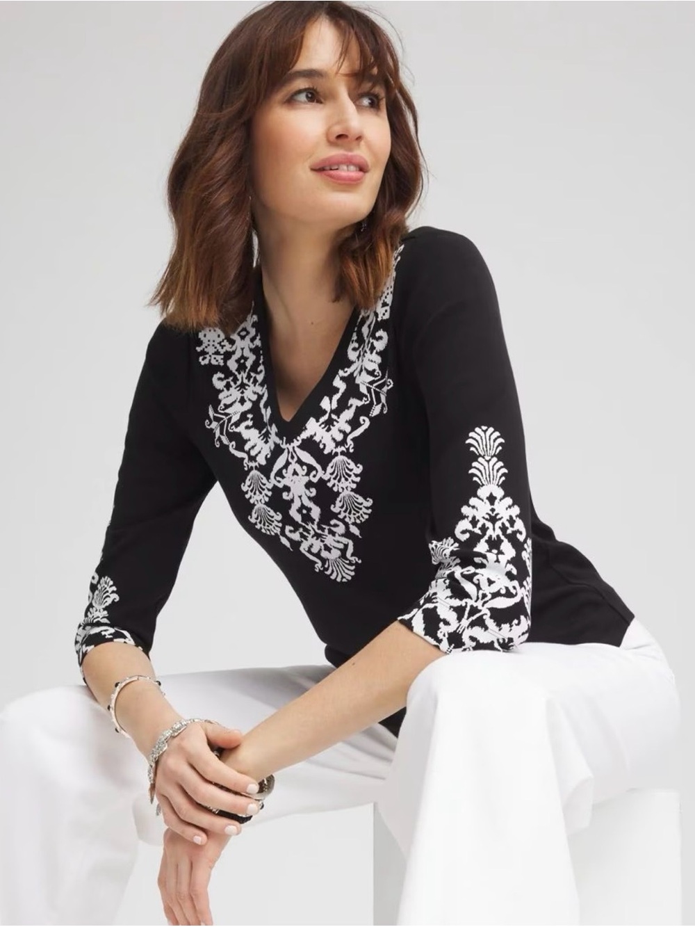 Chico's Top Black Ikat 100% Pima Cotton 3/4 Sleeve Everyday Tee Chico’s Size 2